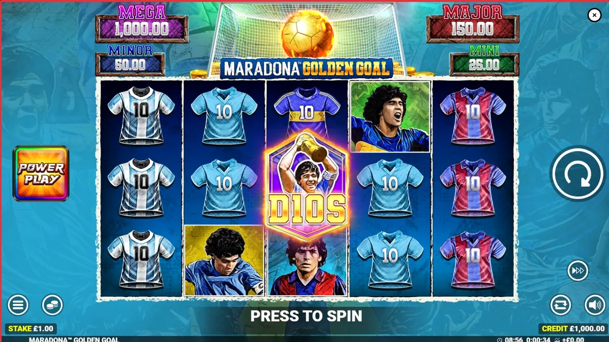 Interface do jogo de slot Maradona Golden Goal com elementos de futebol