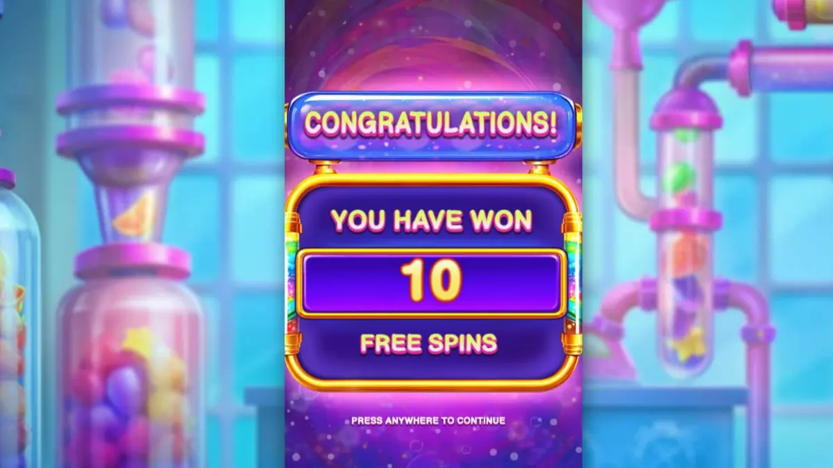Interface futurista do slot Sweet Burst com elementos de laboratório e doces