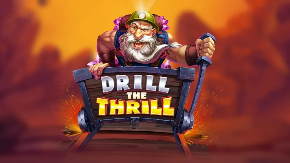 Interface do jogo de slot Drill The Thrill com elementos de mineração e perfuratrizes